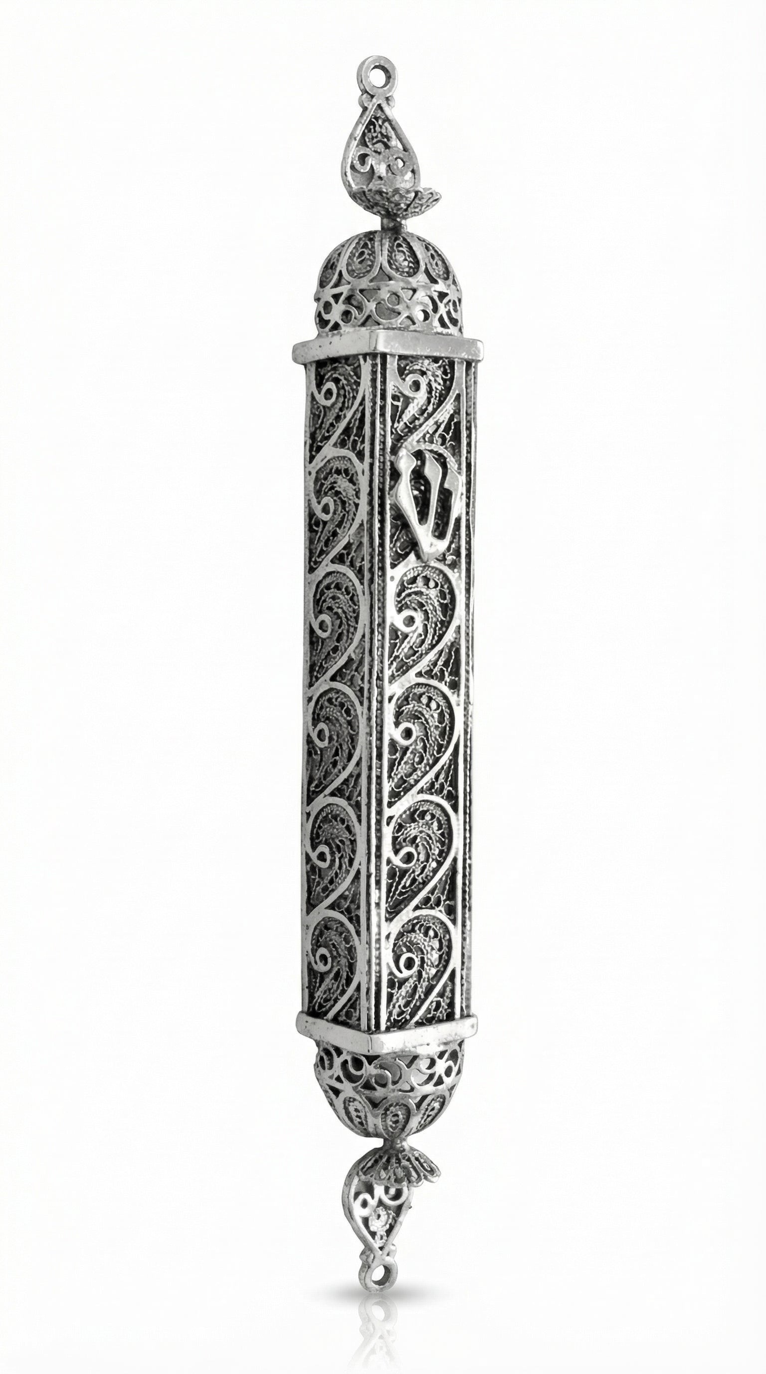 Sterling silver Mezuzah with wave design, featuring filigree leaf and Sha-dai, handcrafted with historical Italian silversmith techniques, on a white background.