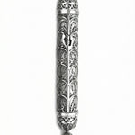 Handcrafted 925 sterling silver mezuzah with intricate filigree and carved shin symbol, showcasing traditional Italian silversmith craftsmanship.