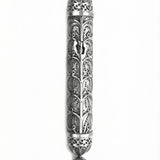 Handcrafted 925 sterling silver mezuzah with intricate filigree and carved shin symbol, showcasing traditional Italian silversmith craftsmanship.
