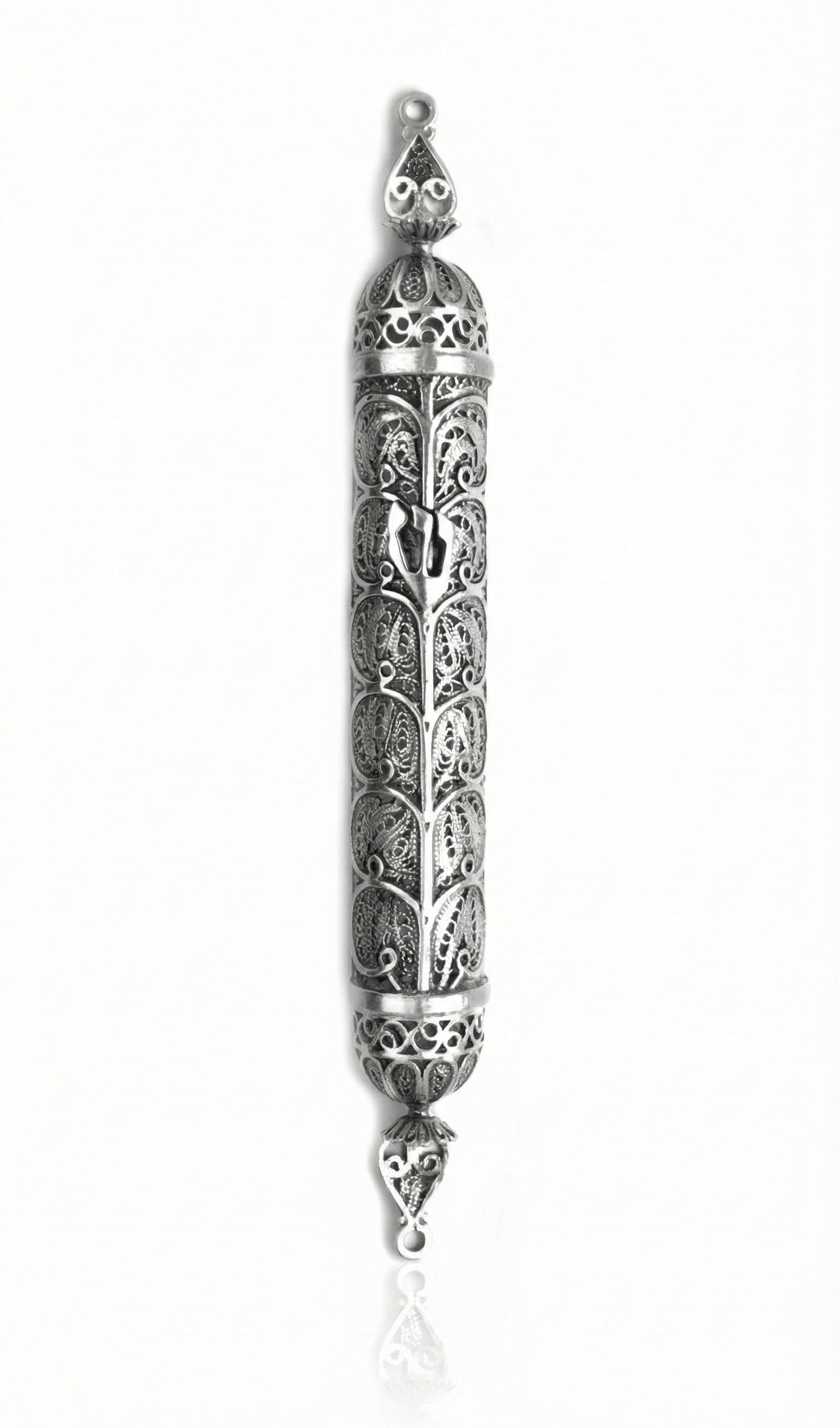 Handcrafted 925 sterling silver mezuzah with intricate filigree and carved shin symbol, showcasing traditional Italian silversmith craftsmanship.