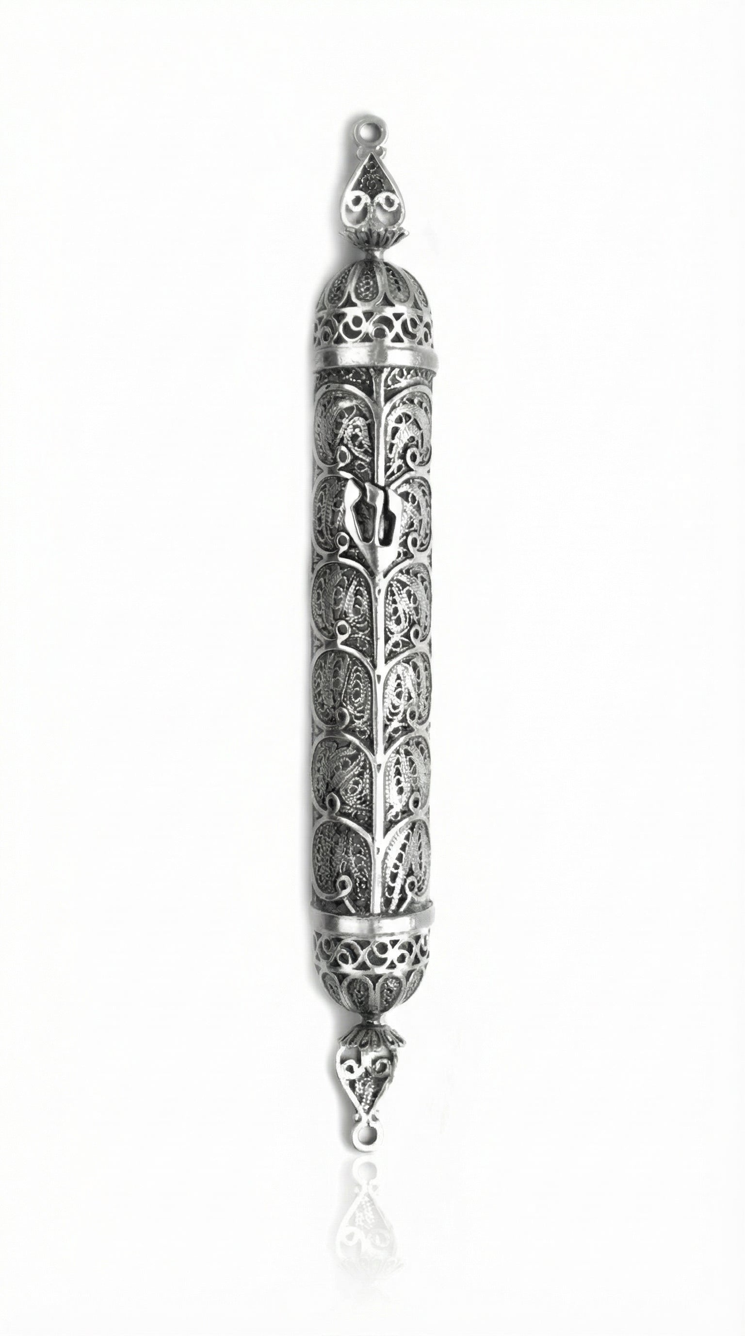 Handcrafted 925 sterling silver mezuzah with intricate filigree and carved shin symbol, showcasing traditional Italian silversmith craftsmanship.