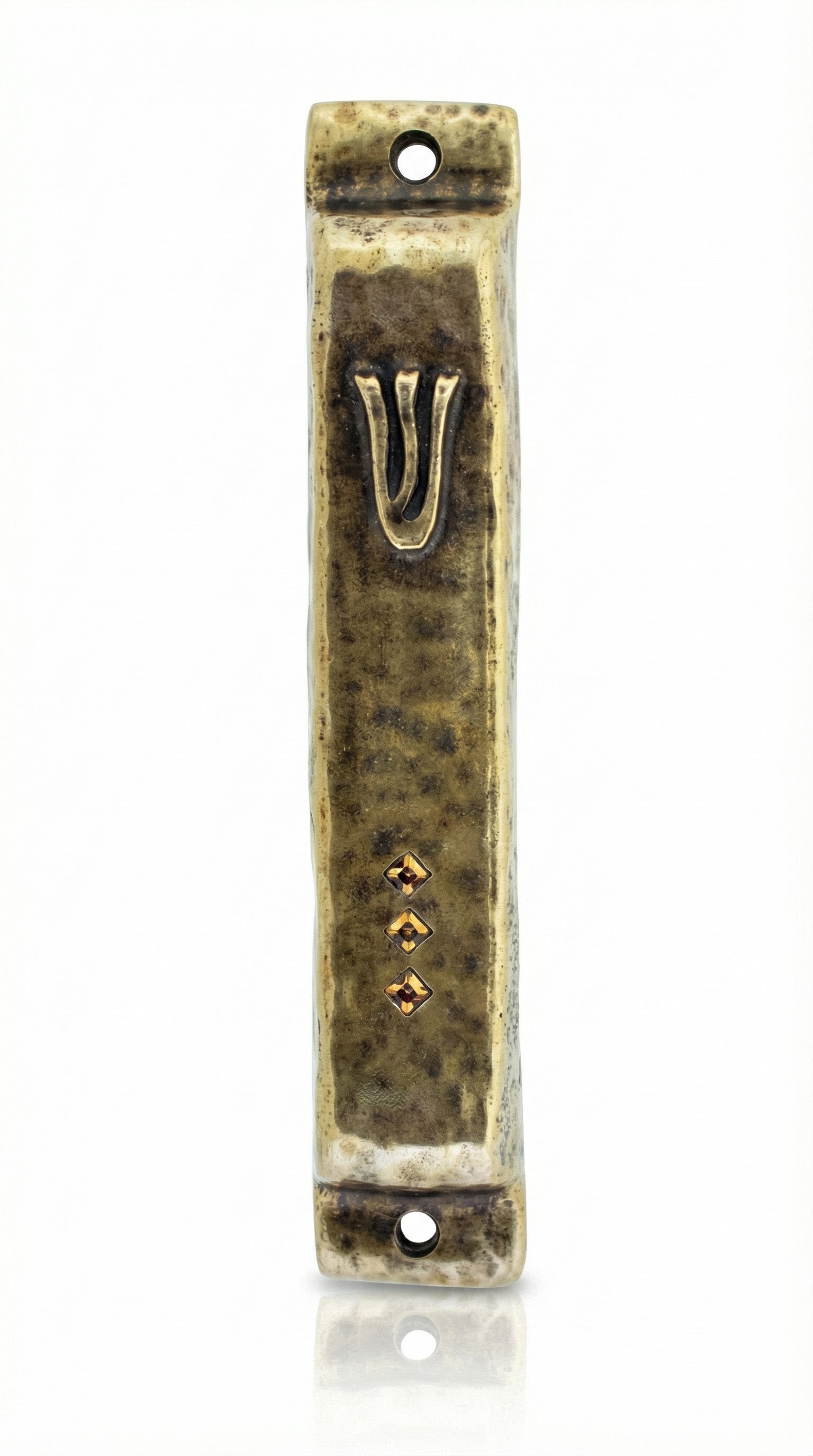 Elegant handmade brass Mezuzah with hammered finish and decorative sequins, measuring 4.7 inches tall, designed for doorpost decoration.
