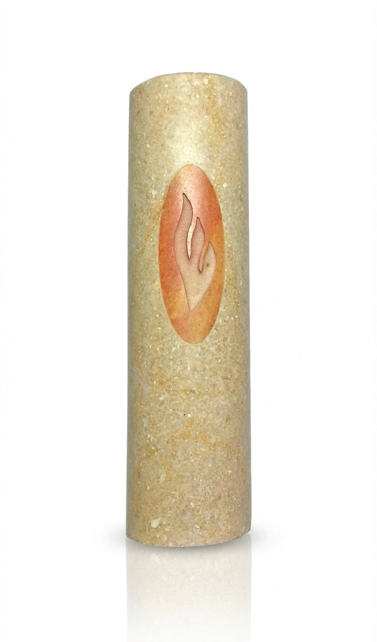 Jerusalem stone mezuzah with engraved Shin, two-tone natural stone, minimalist design, 4-inch tall, with a soft white background and subtle reflection.