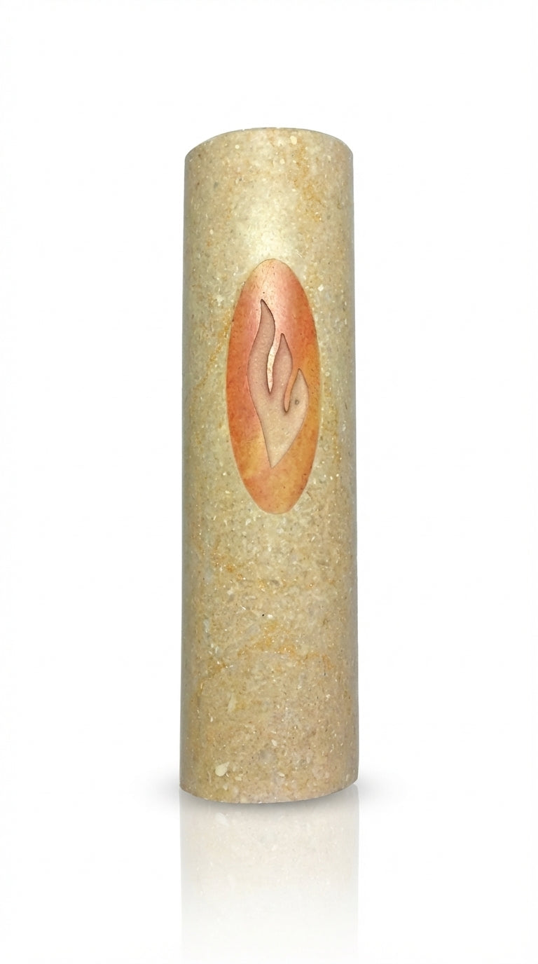 Jerusalem stone mezuzah with engraved Shin, two-tone natural stone, minimalist design, 4-inch tall, with a soft white background and subtle reflection.