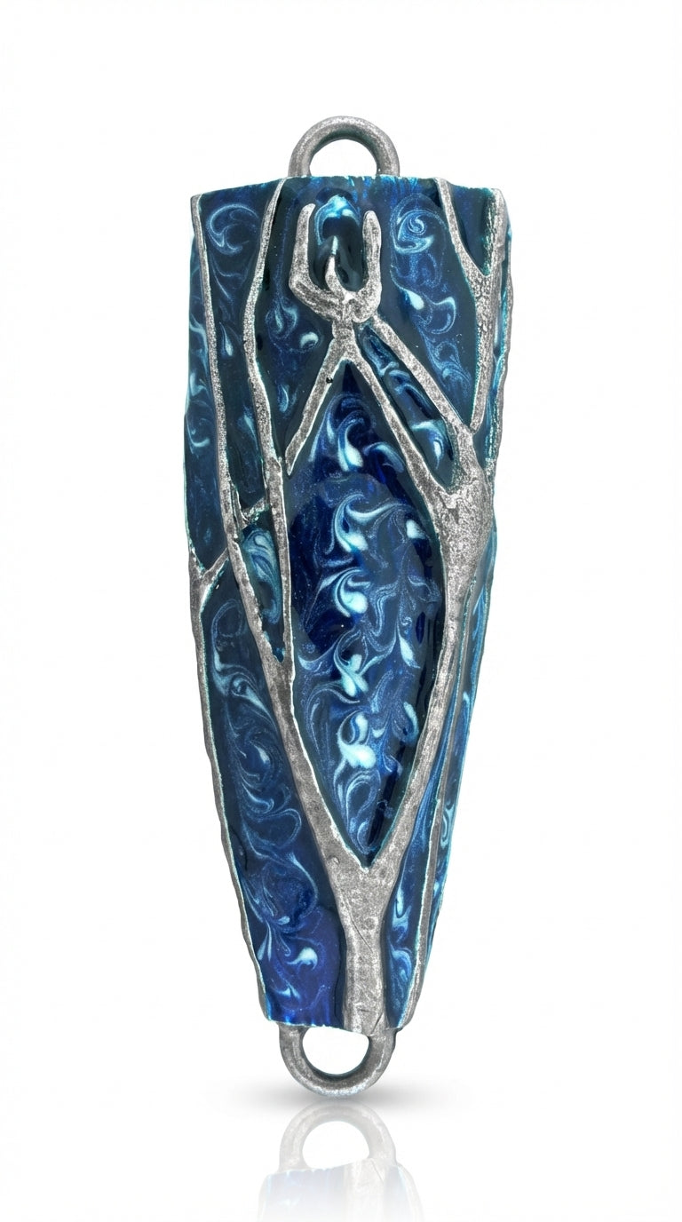 Detailed pewter mezuzah featuring a stylized tree of life in shades of blue, with a white background and soft reflection for a polished studio look.
