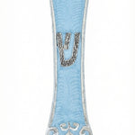 Elegant pewter Sky Mezuzah with enamel painting, measures 5 3/8 inches tall, for doorposts, includes space for 4 inch scroll.