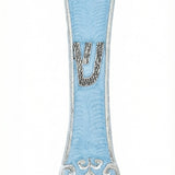 Elegant pewter Sky Mezuzah with enamel painting, measures 5 3/8 inches tall, for doorposts, includes space for 4 inch scroll.