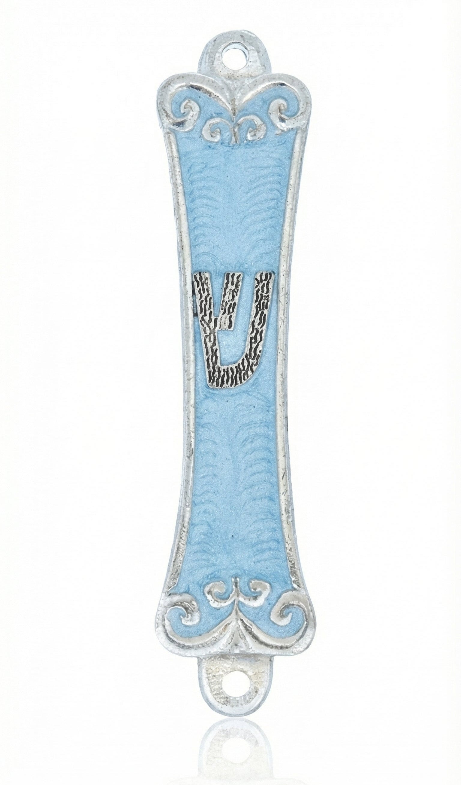 Elegant pewter Sky Mezuzah with enamel painting, measures 5 3/8 inches tall, for doorposts, includes space for 4 inch scroll.