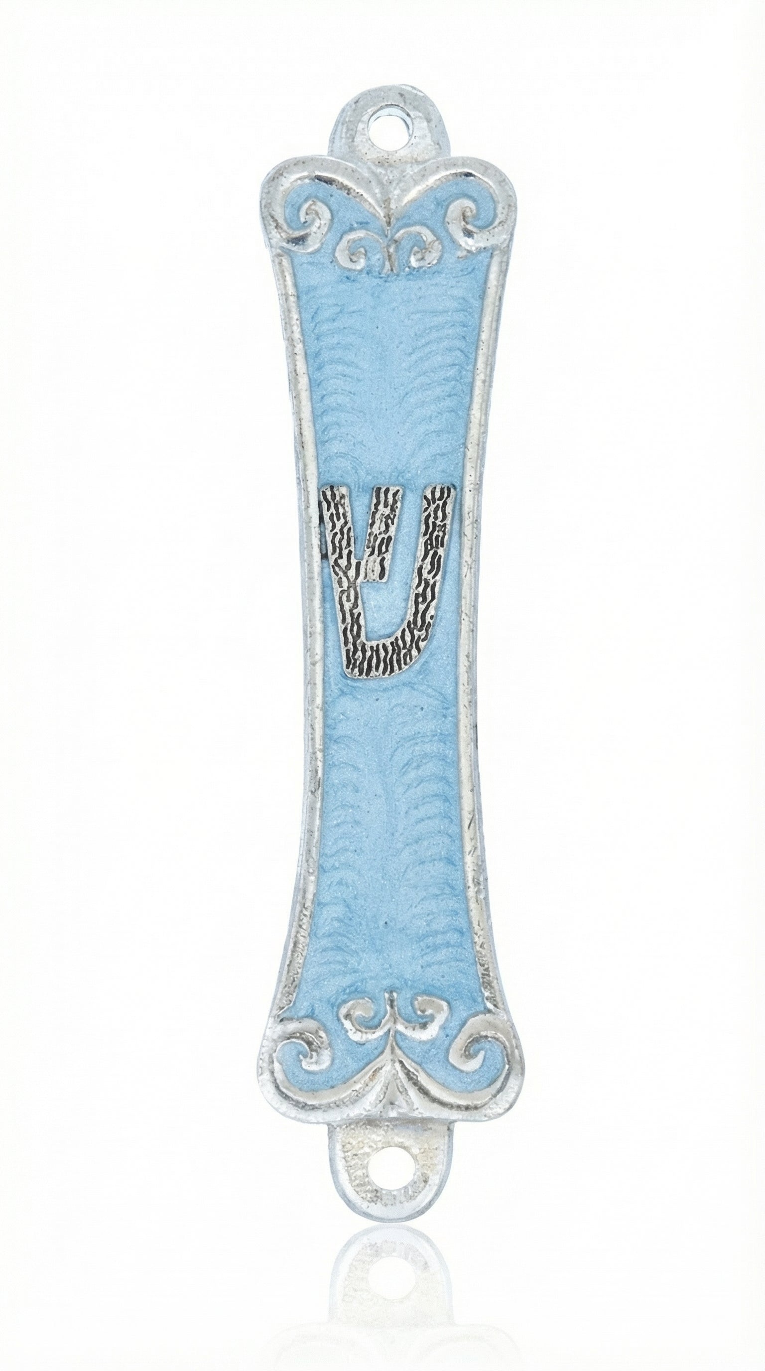 Elegant pewter Sky Mezuzah with enamel painting, measures 5 3/8 inches tall, for doorposts, includes space for 4 inch scroll.