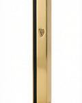 High-quality gold and black aluminum mezuzah with screw cap, designed for outdoor use, includes strong mounting tape, made in Israel.
