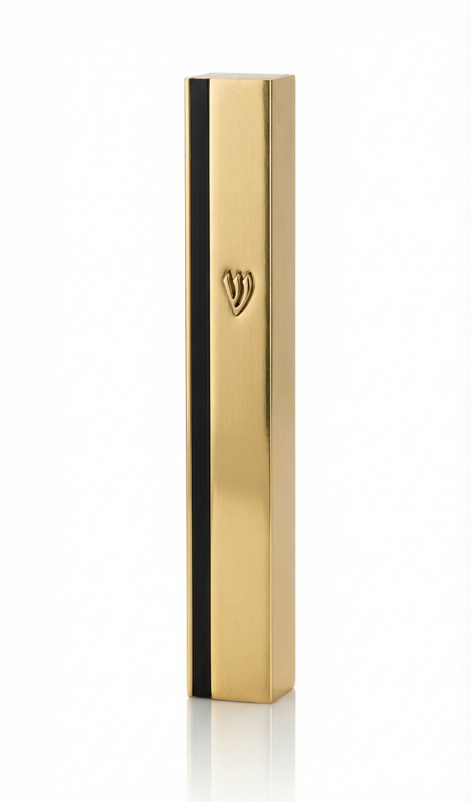 High-quality gold and black aluminum mezuzah with screw cap, designed for outdoor use, includes strong mounting tape, made in Israel.