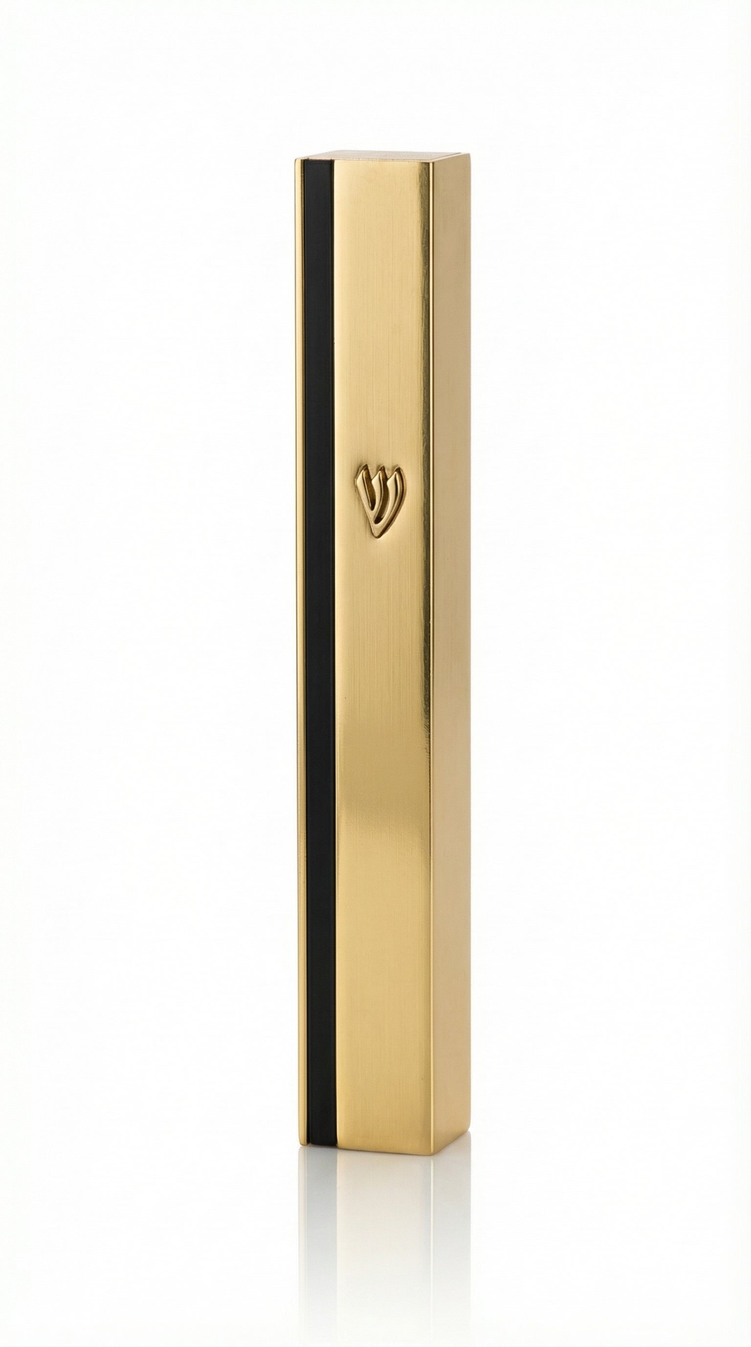 High-quality gold and black aluminum mezuzah with screw cap, designed for outdoor use, includes strong mounting tape, made in Israel.