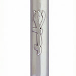 Sleek and modern mezuzah with Hebrew inscription, mounted vertically on a pure white background with a subtle reflection below.