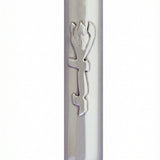 Sleek and modern mezuzah with Hebrew inscription, mounted vertically on a pure white background with a subtle reflection below.