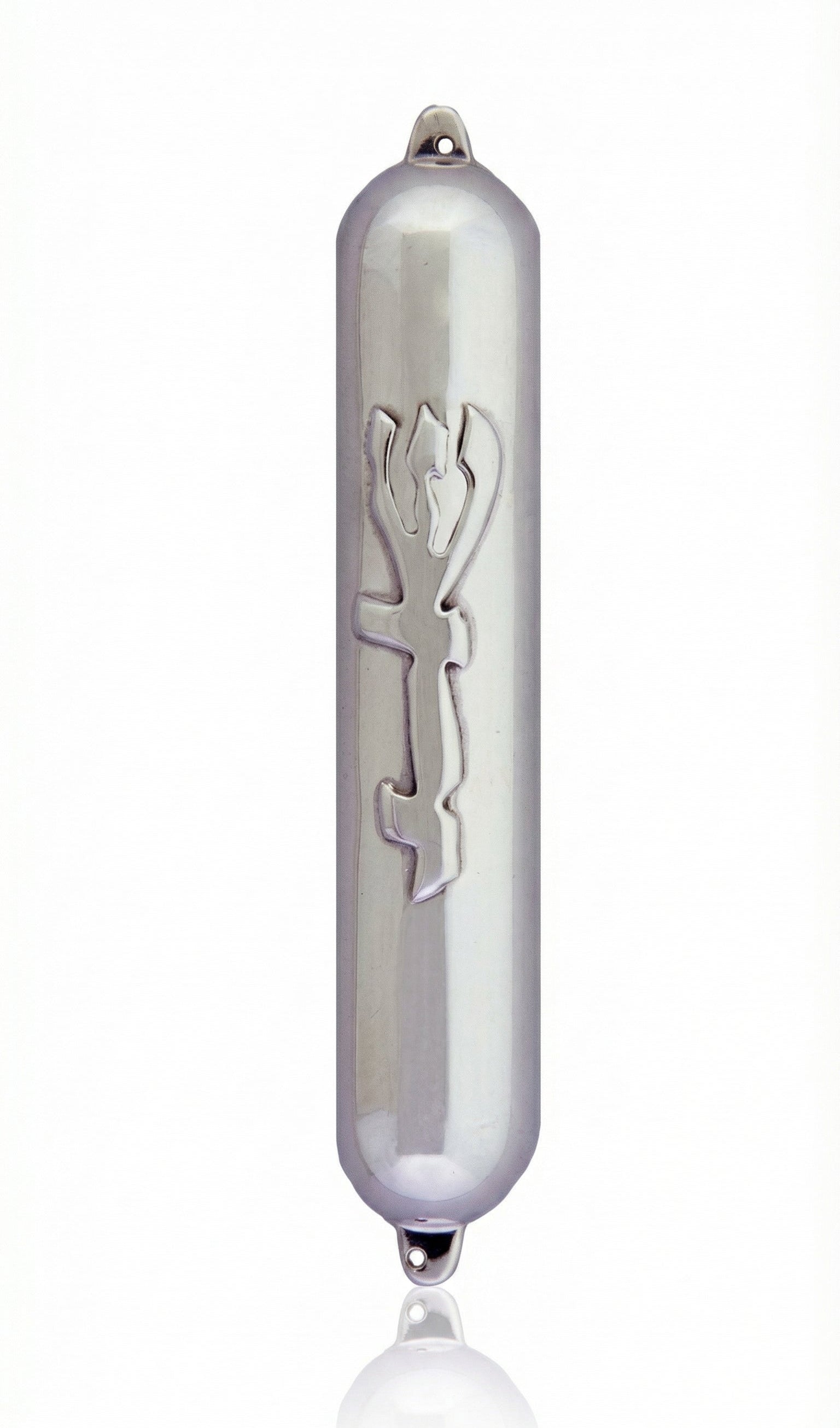 Sleek and modern mezuzah with Hebrew inscription, mounted vertically on a pure white background with a subtle reflection below.