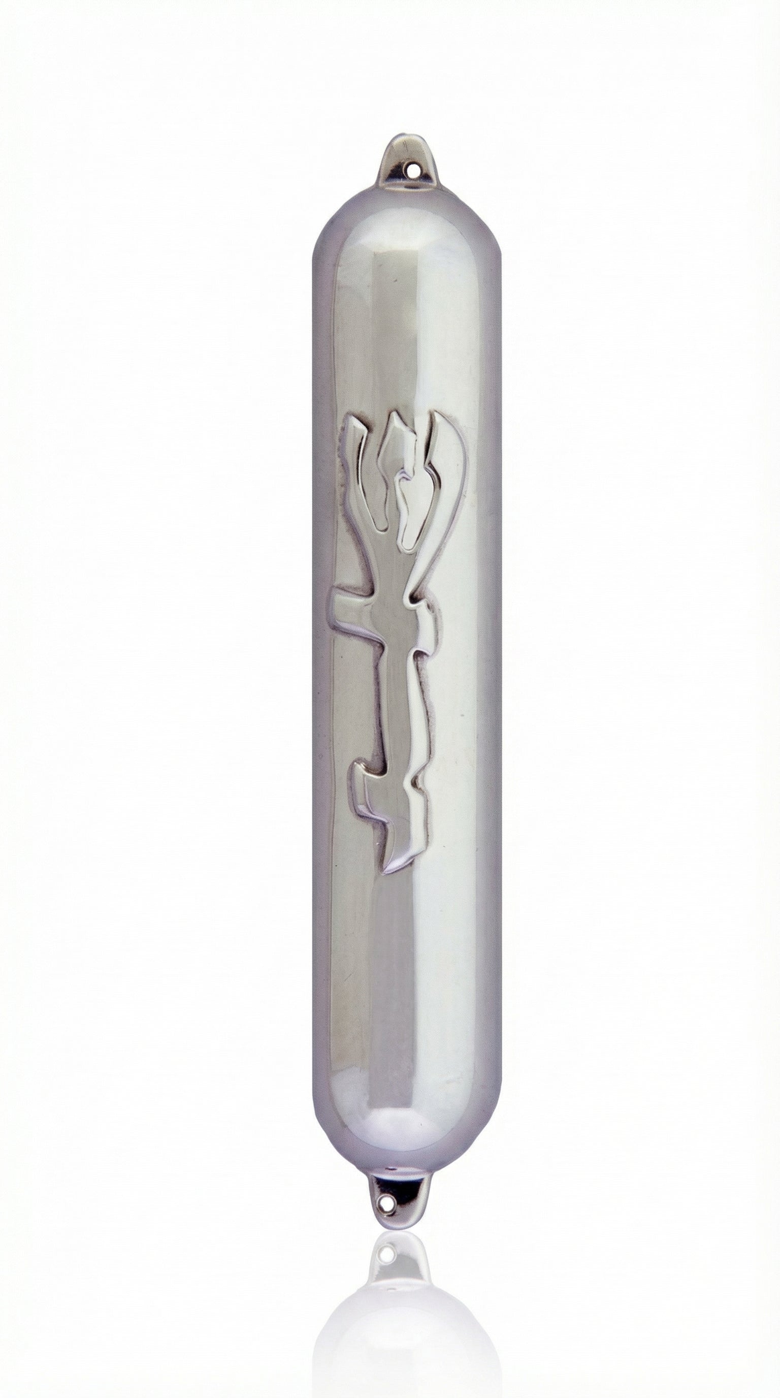 Sleek and modern mezuzah with Hebrew inscription, mounted vertically on a pure white background with a subtle reflection below.