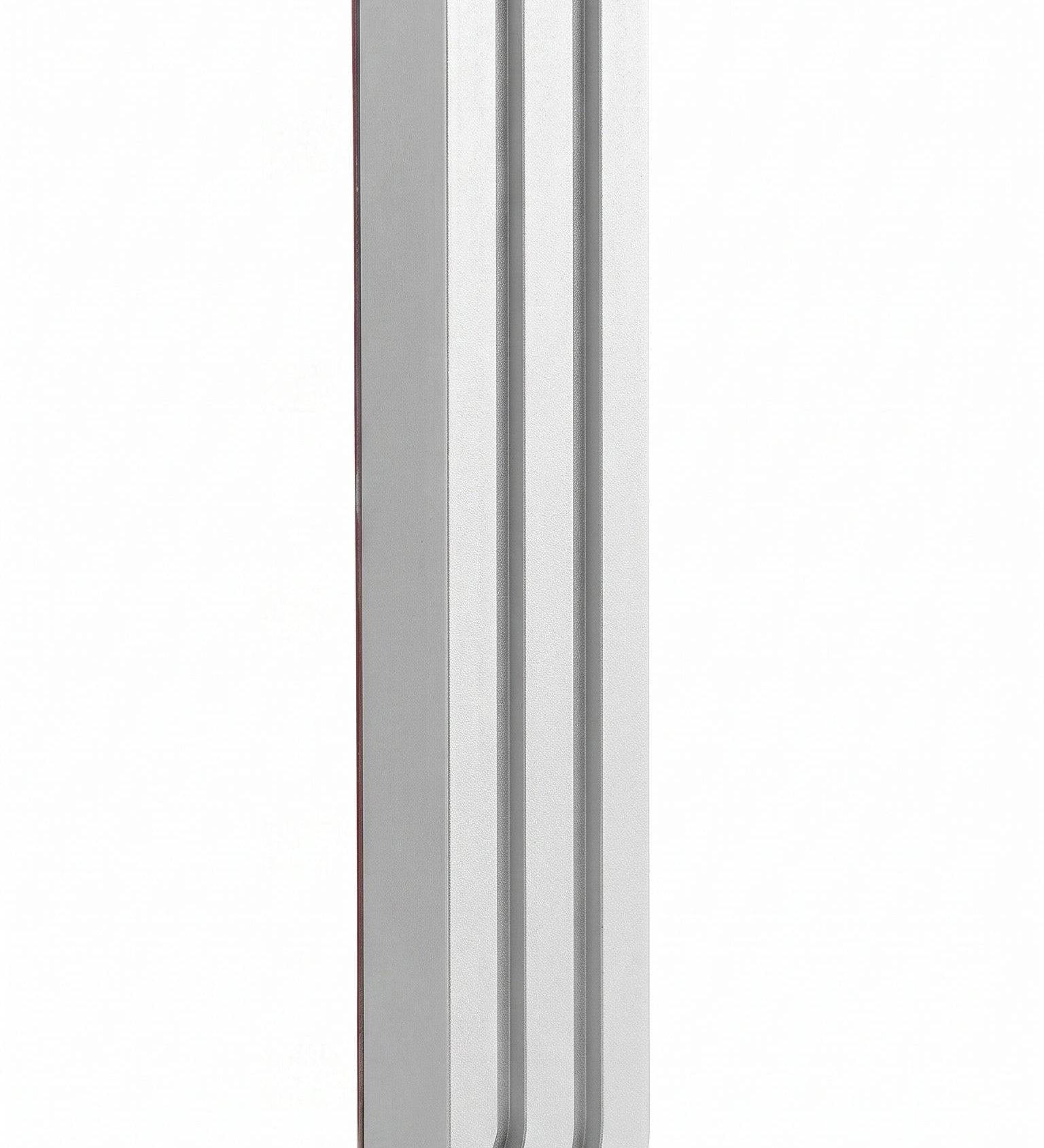 Nova Silver Cascade aluminum mezuzah case on a white background with three rising architectural bars, recessed channels, and a curved stepped base