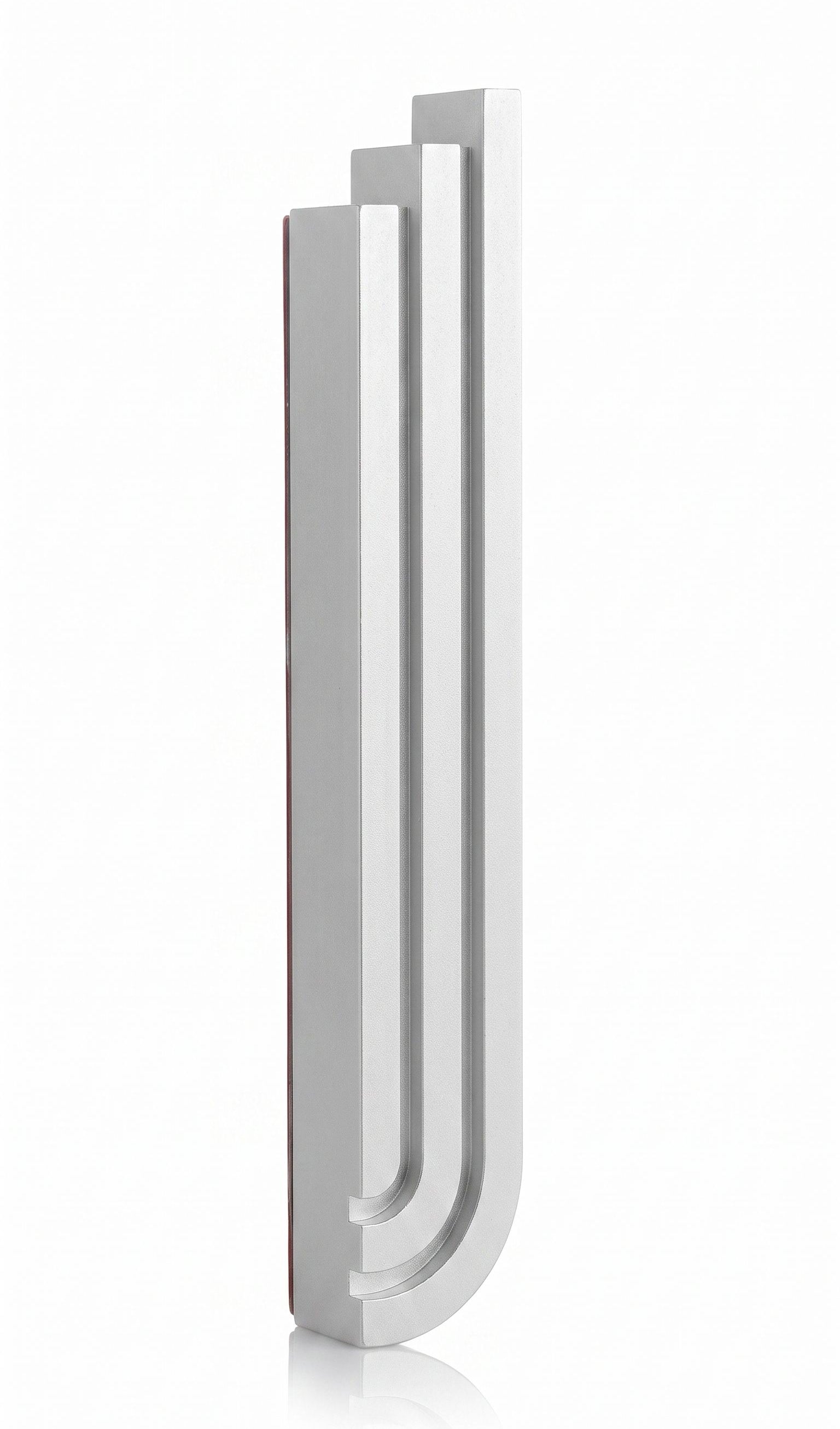 Nova Silver Cascade aluminum mezuzah case on a white background with three rising architectural bars, recessed channels, and a curved stepped base