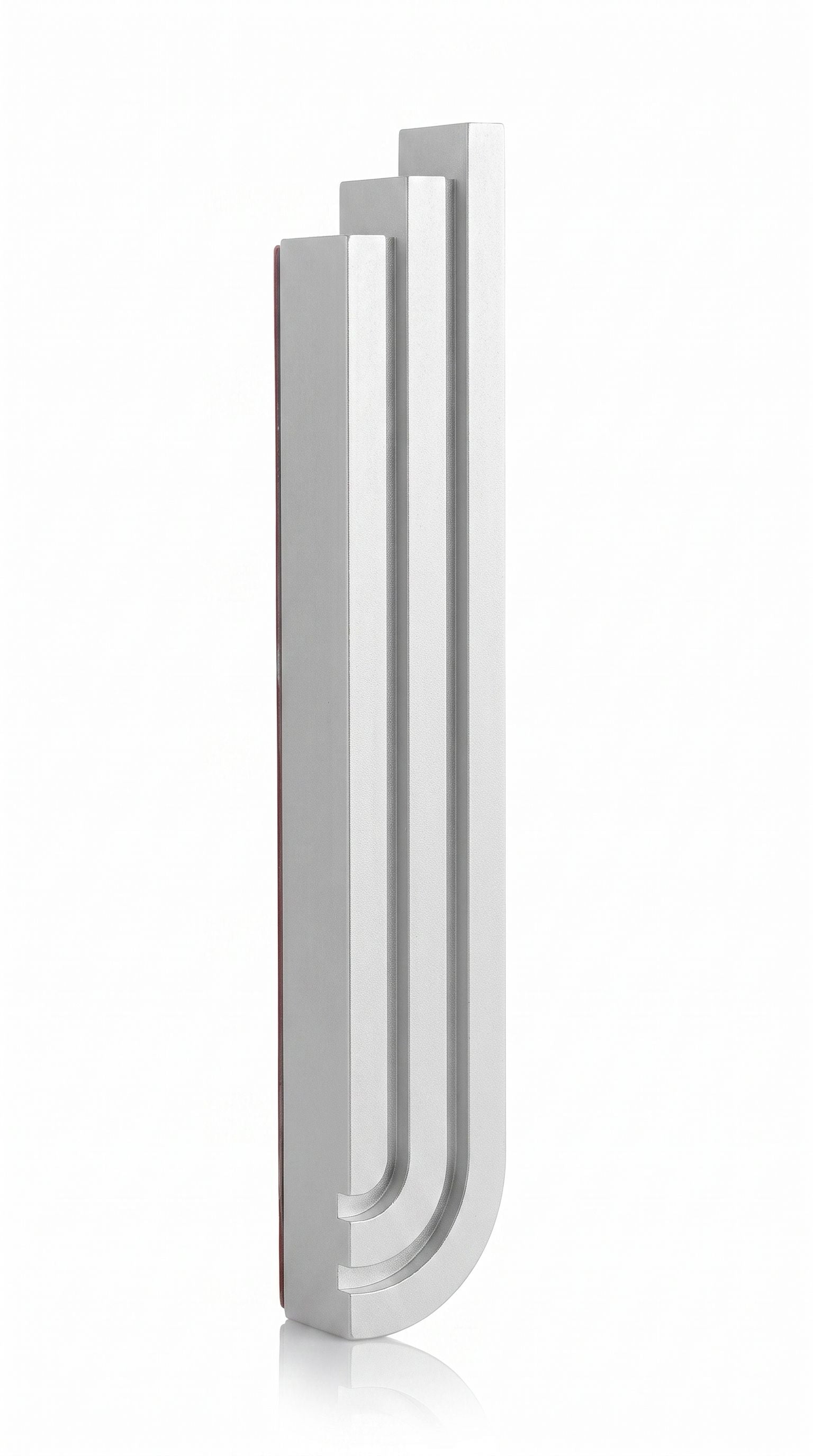 Nova Silver Cascade aluminum mezuzah case on a white background with three rising architectural bars, recessed channels, and a curved stepped base