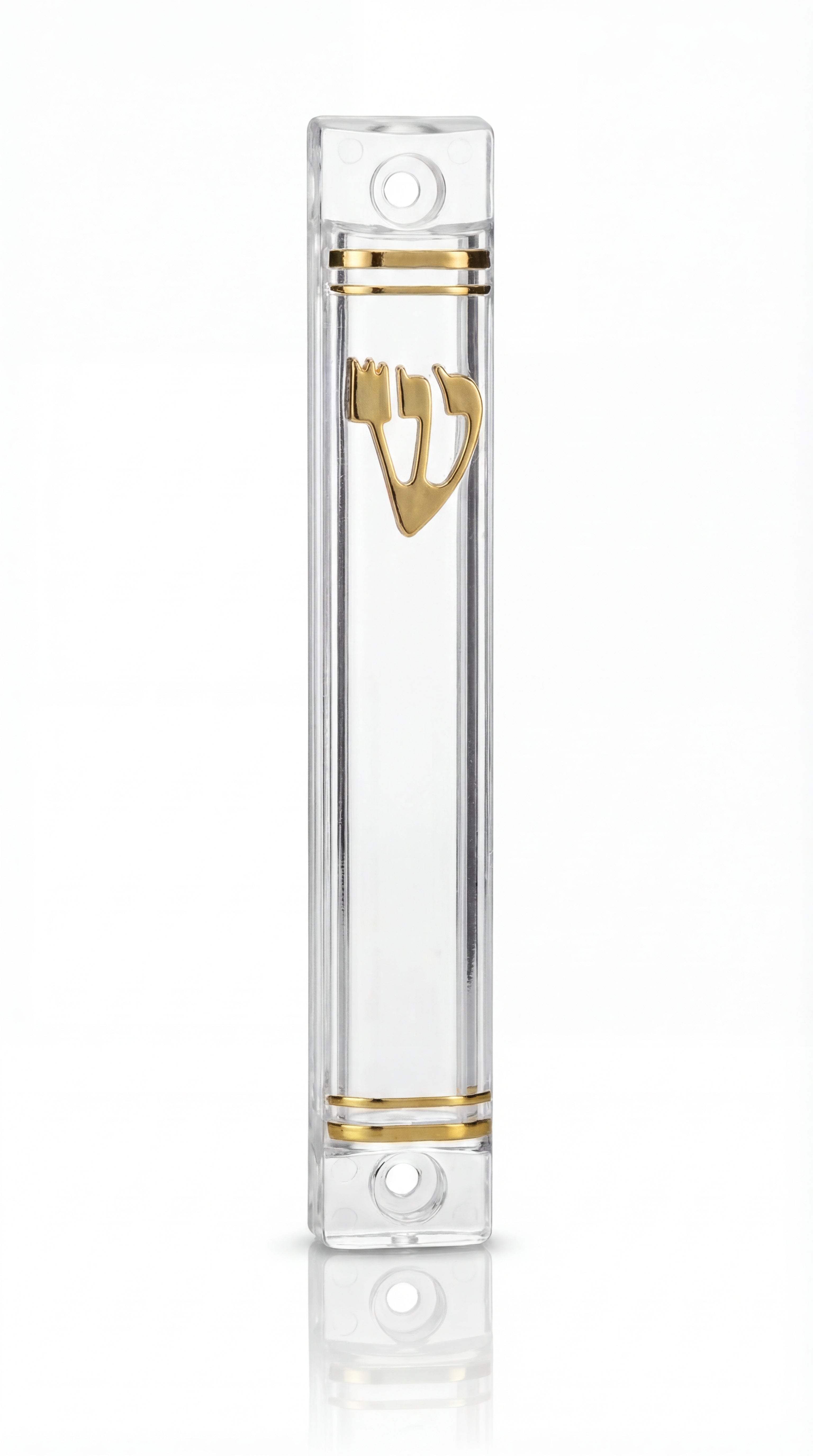 Second view of small clear lucite mezuzah, highlighting its sleek design and suitability for indoor Jewish home decoration.