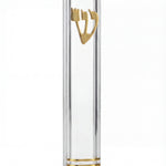 Second view of small clear lucite mezuzah, highlighting its sleek design and suitability for indoor Jewish home decoration.