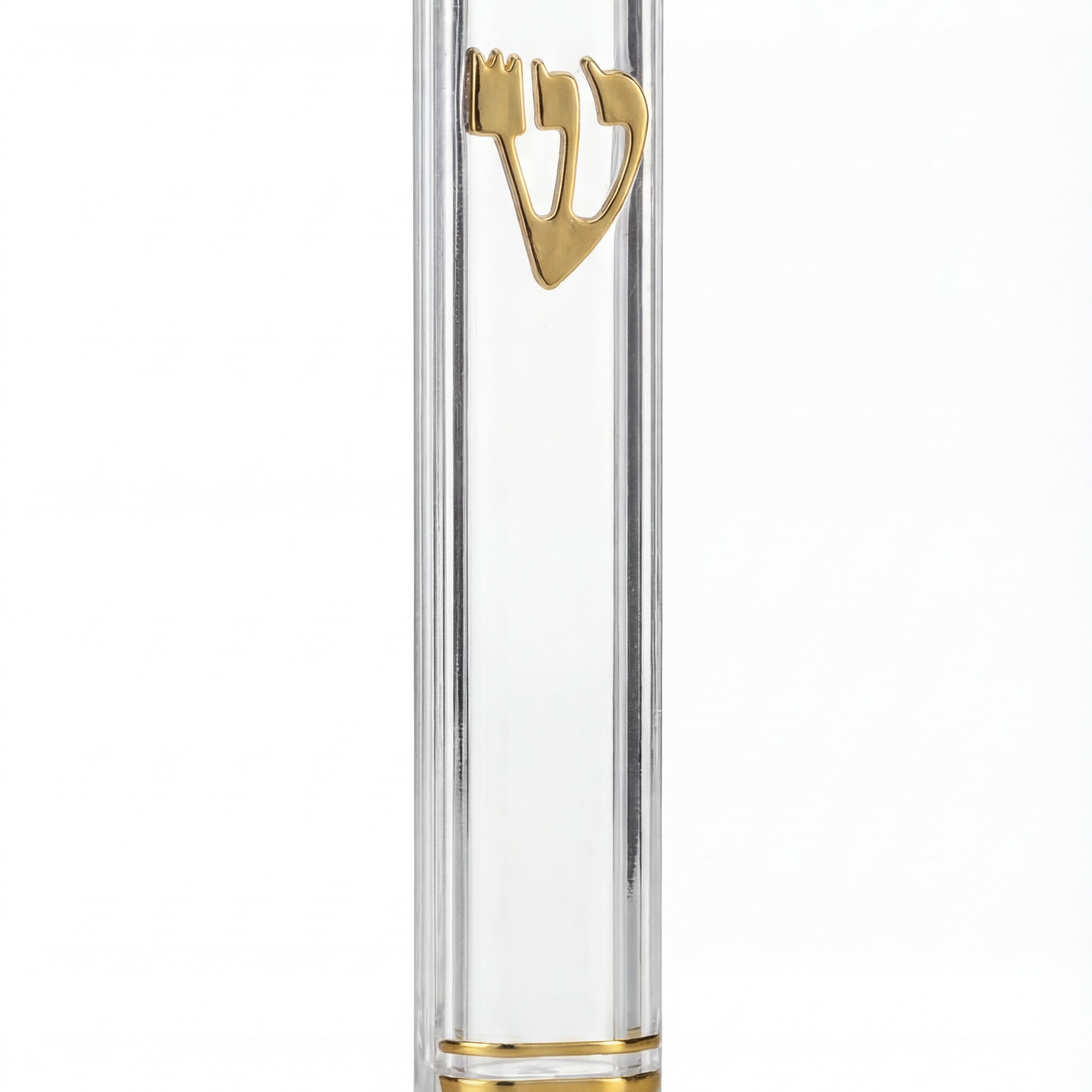 Elegant small clear lucite mezuzah for indoor religious decor, showcasing modern minimalist style with transparent glossy finish.