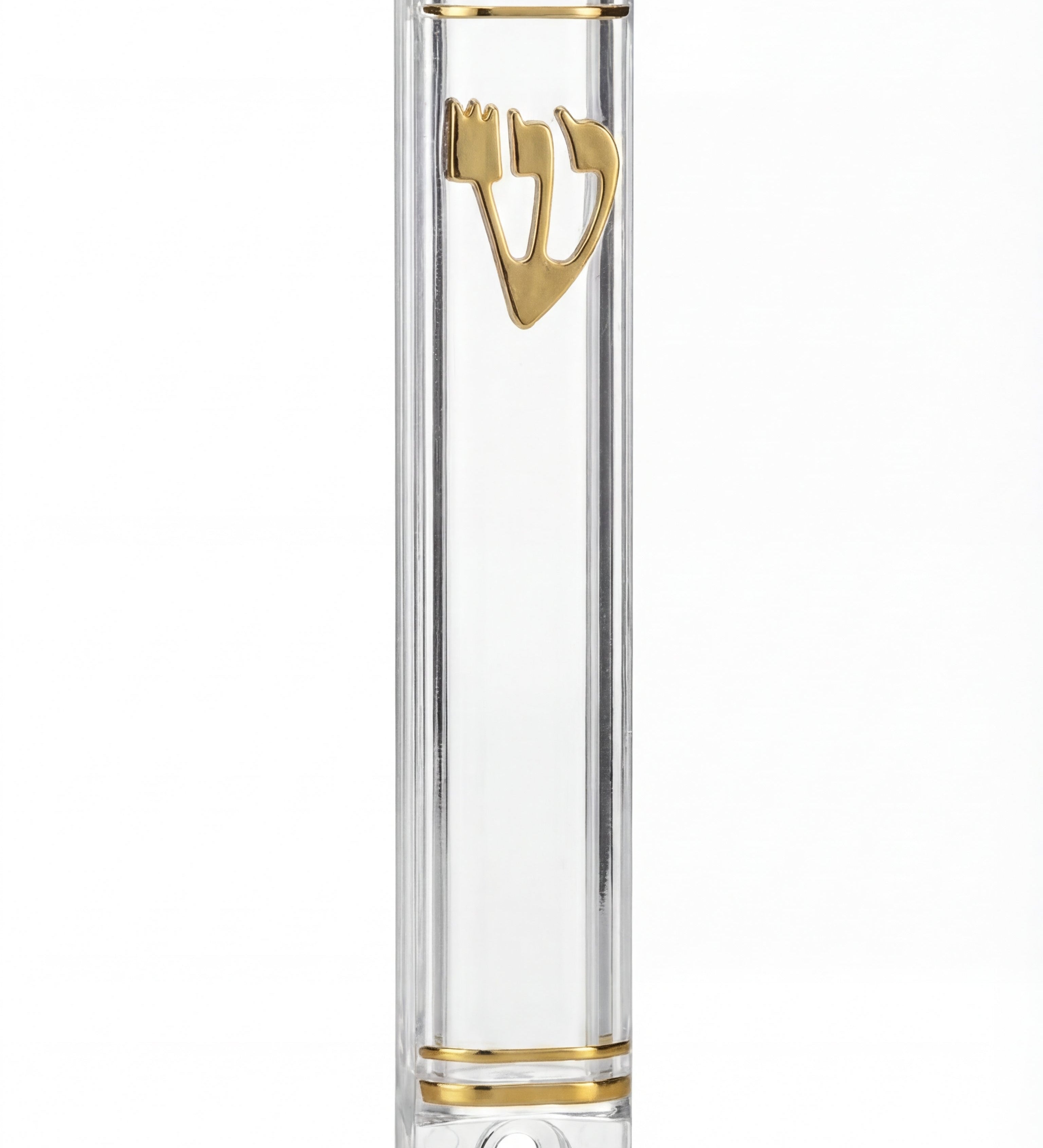 Elegant small clear lucite mezuzah for indoor religious decor, showcasing modern minimalist style with transparent glossy finish.