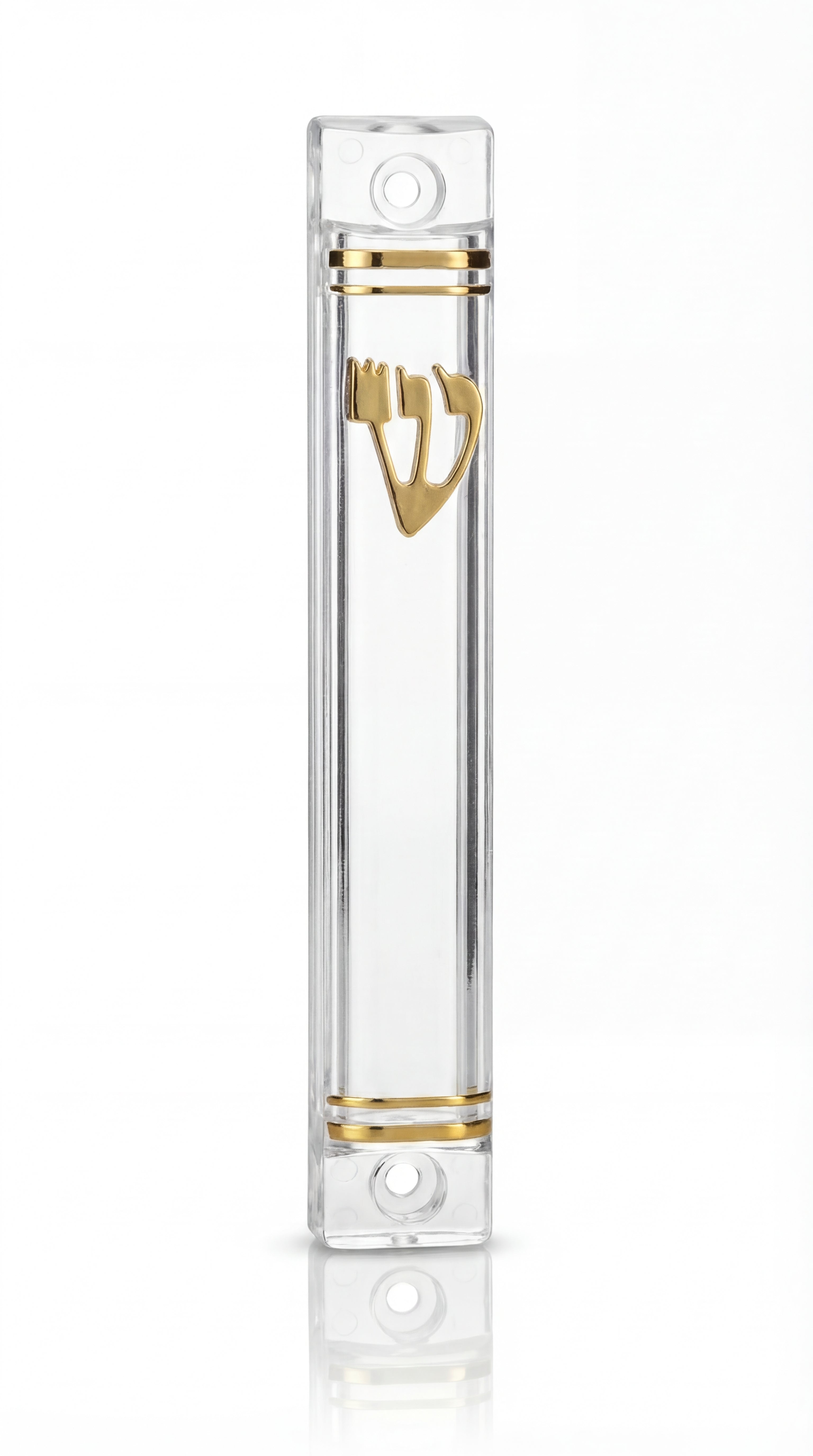 Elegant small clear lucite mezuzah for indoor religious decor, showcasing modern minimalist style with transparent glossy finish.
