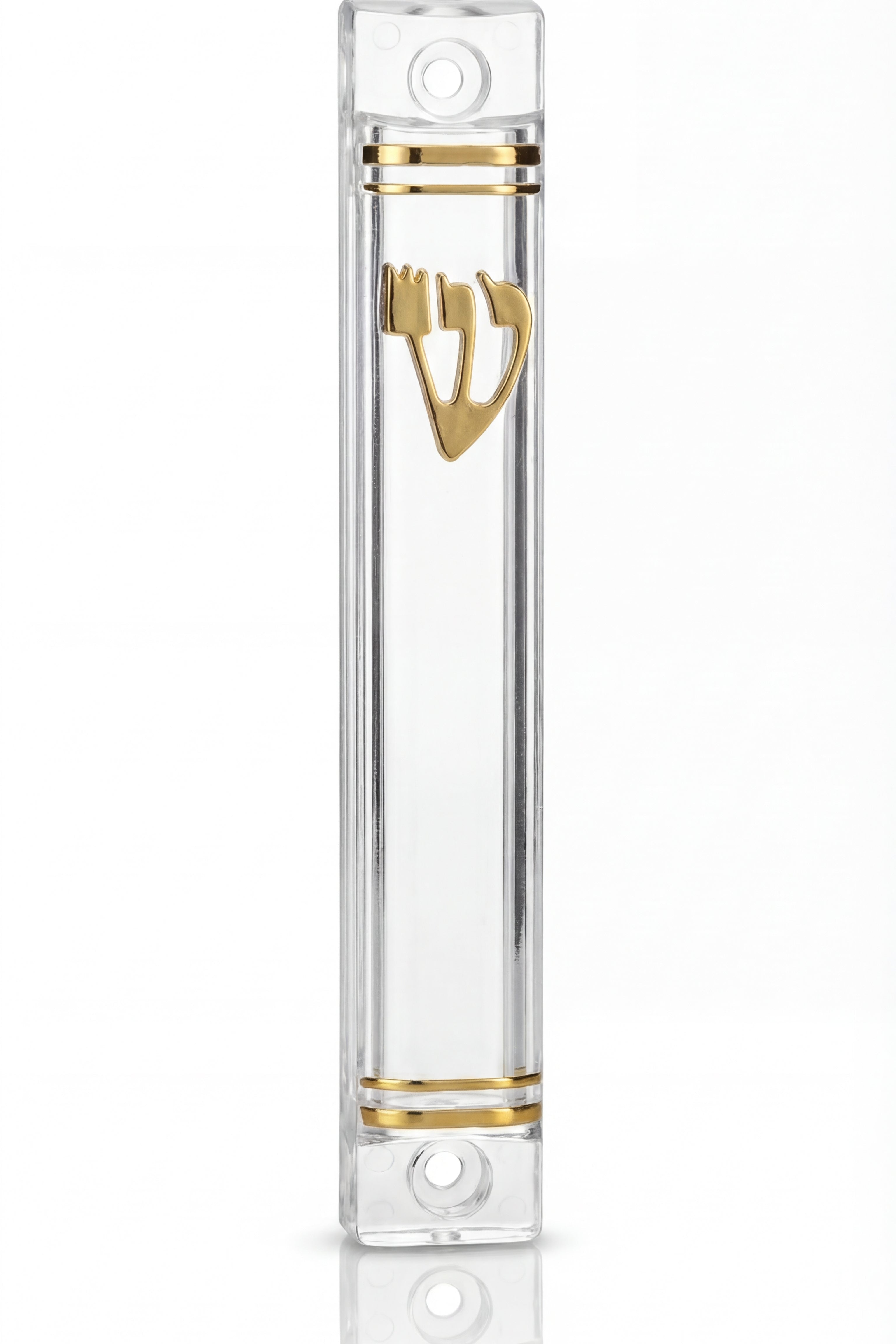 Elegant small clear lucite mezuzah for indoor religious decor, showcasing modern minimalist style with transparent glossy finish.
