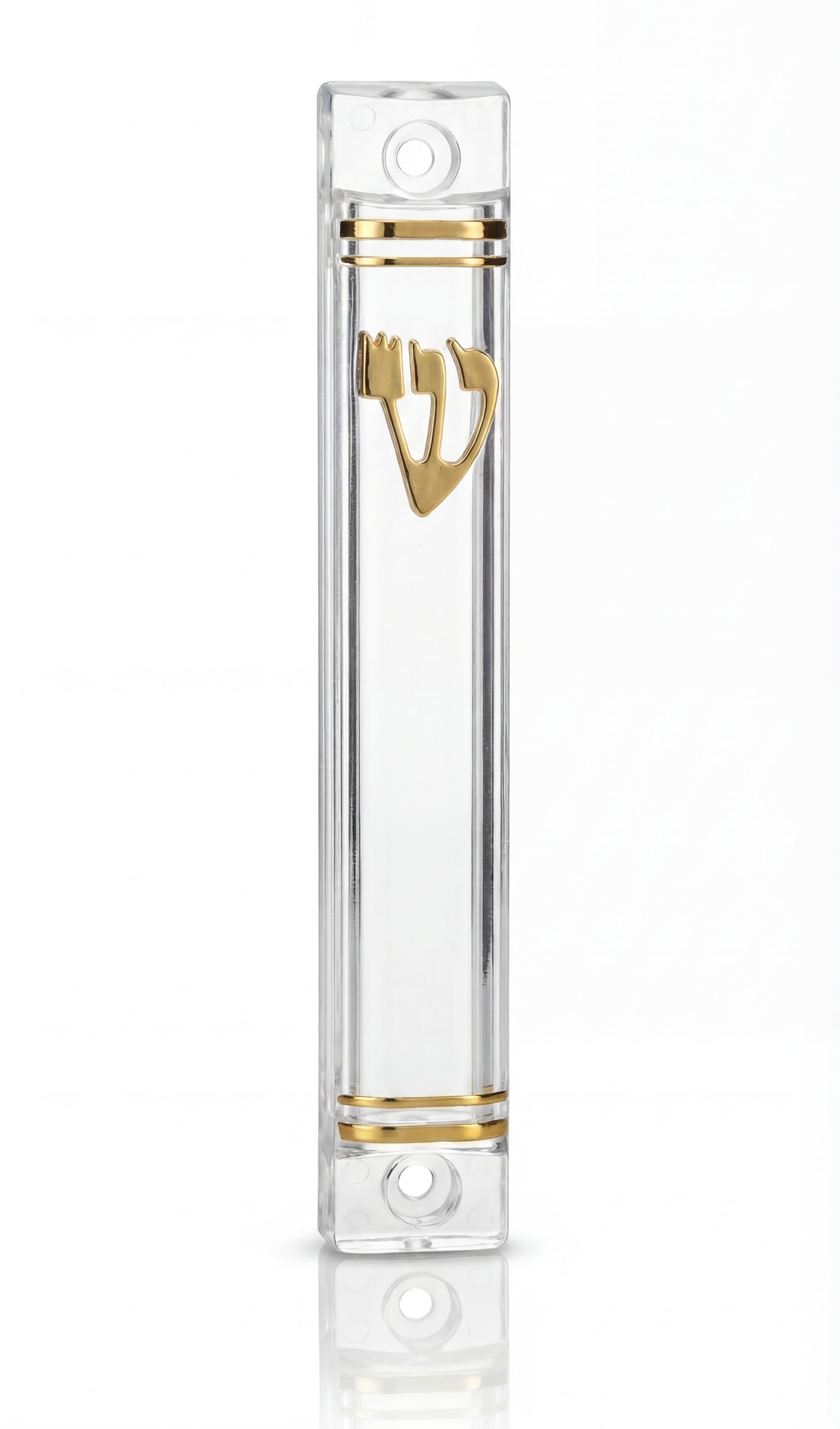 Elegant small clear lucite mezuzah for indoor religious decor, showcasing modern minimalist style with transparent glossy finish.
