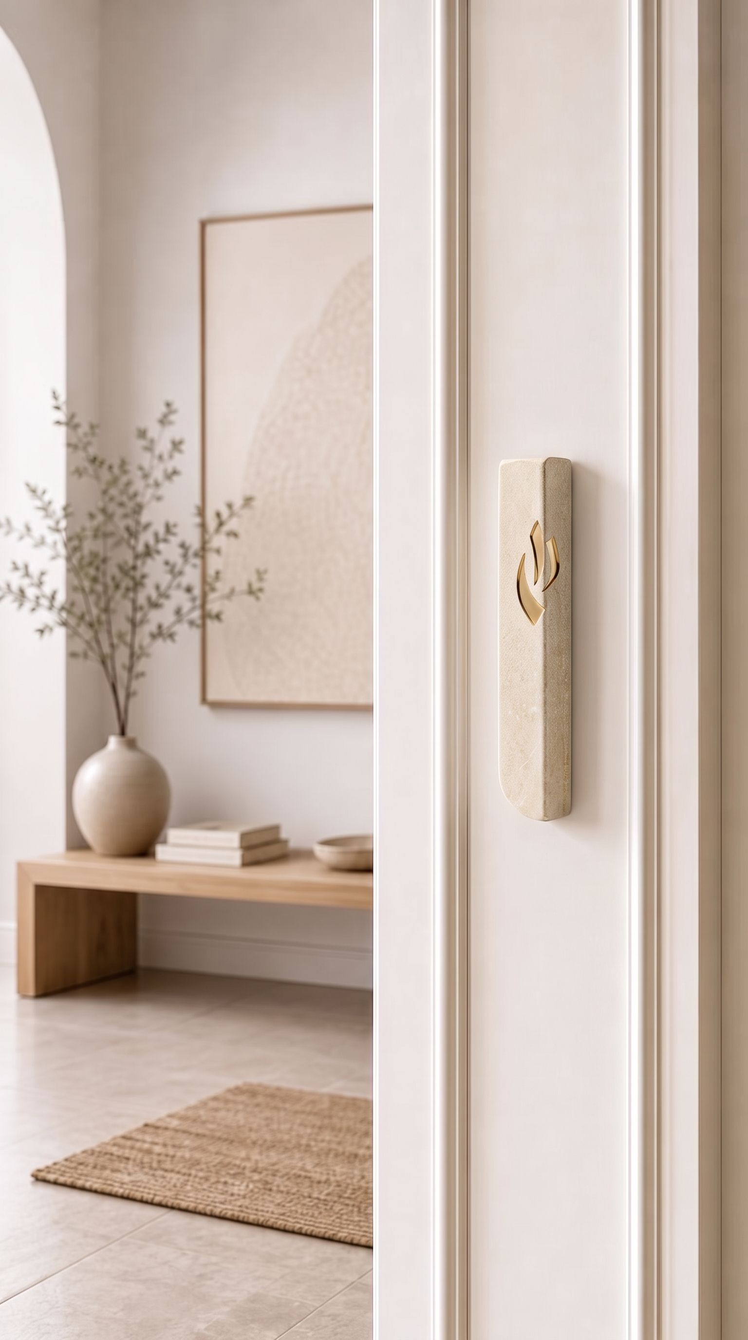 Small Modern Cream Jerusalem Stone Mezuzah installed on a white entryway doorpost, with its pale stone face, gently rounded shape, and gold Shin clearly visible against the light trim