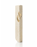 Small Modern Cream Jerusalem Stone Mezuzah Case photographed at an angle, showing its softly textured cream stone, slim front, rounded lower edge, and gold Shin detail
