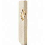 Small Modern Cream Jerusalem Stone Mezuzah Case photographed at an angle, showing its softly textured cream stone, slim front, rounded lower edge, and gold Shin detail