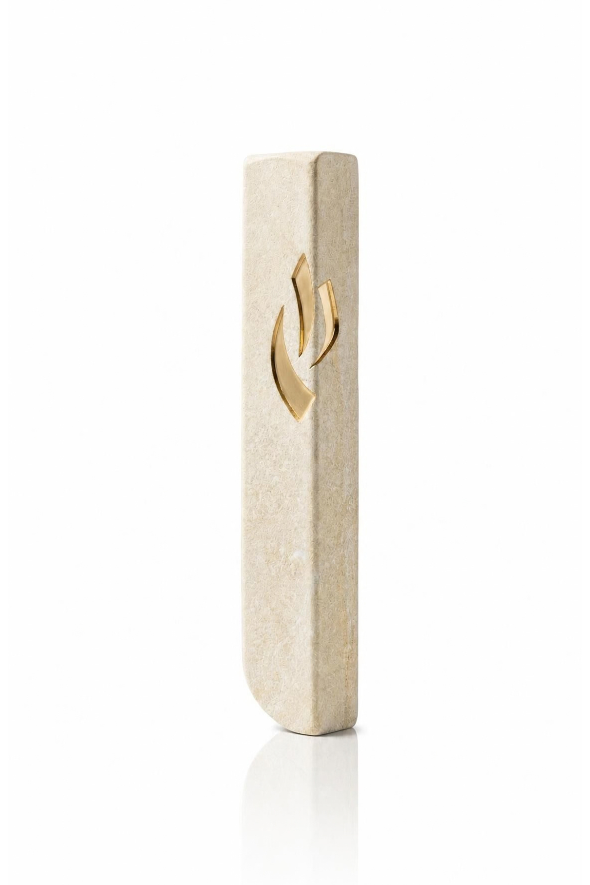Small Modern Cream Jerusalem Stone Mezuzah Case photographed at an angle, showing its softly textured cream stone, slim front, rounded lower edge, and gold Shin detail
