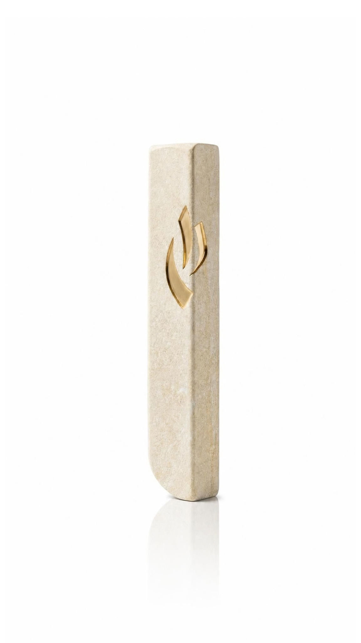 Small Modern Cream Jerusalem Stone Mezuzah Case photographed at an angle, showing its softly textured cream stone, slim front, rounded lower edge, and gold Shin detail