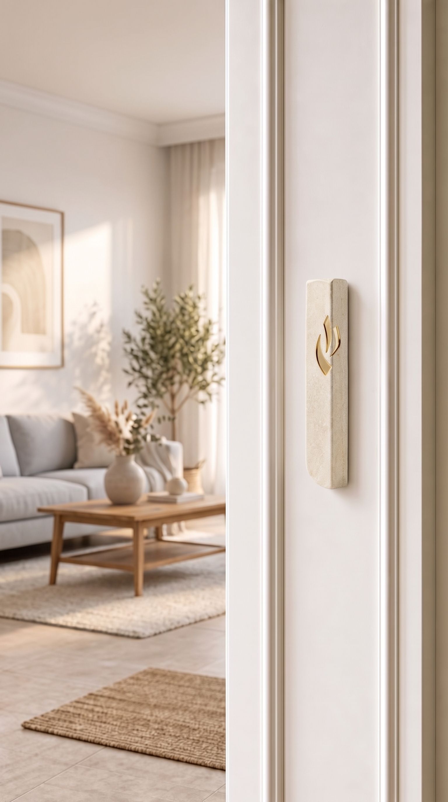 Small Modern Cream Jerusalem Stone Mezuzah mounted on a white interior doorpost, where its warm natural texture, rounded base, and gold Shin give the doorway a distinct Jewish detail