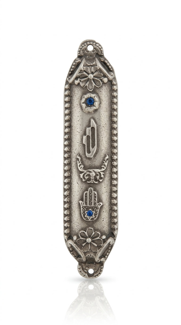 Petite Moroccan style pewter Mezuzah with Hebrew letters, decorative motifs, minor surface details and a white studio background with a soft reflection.
