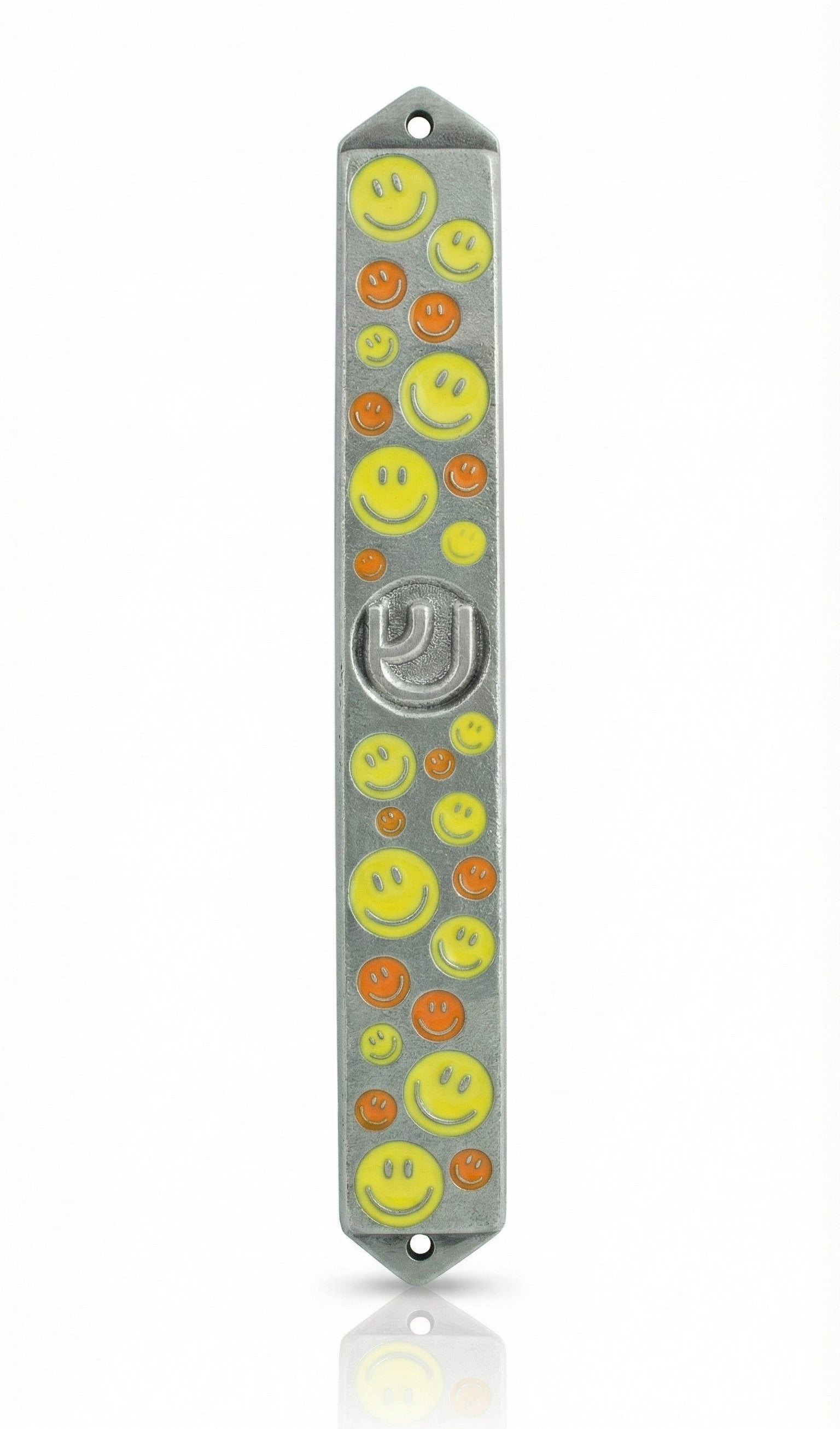 Vibrant yellow and orange smiley face pewter mezuzah, 5 inches tall, with Hebrew initials, decorative motifs, on a white studio background with light reflection.