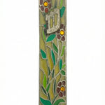 Upscale high-resolution image of Sofia's Flowers Mezuzah in a studio setting with bright white background, showcasing detailed pewter and enamel craftsmanship.