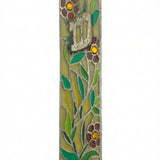Upscale high-resolution image of Sofia's Flowers Mezuzah in a studio setting with bright white background, showcasing detailed pewter and enamel craftsmanship.