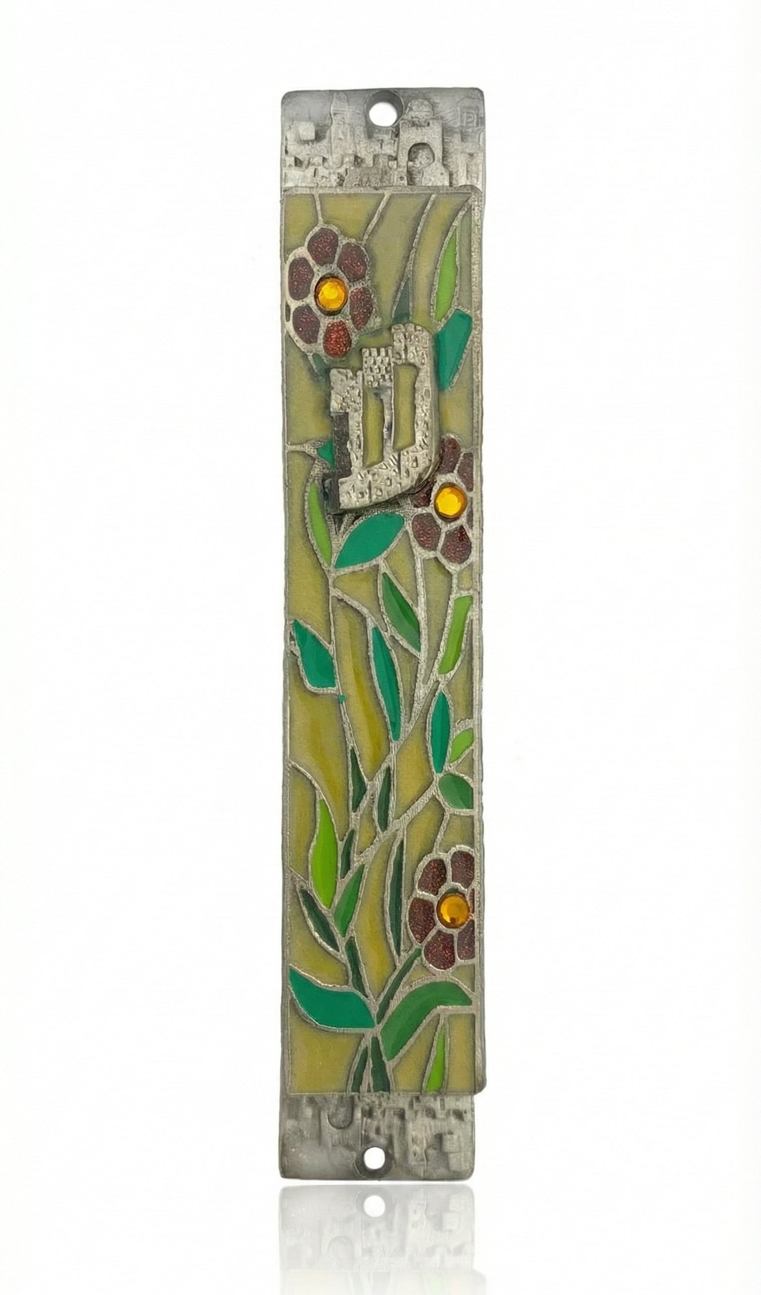 Upscale high-resolution image of Sofia's Flowers Mezuzah in a studio setting with bright white background, showcasing detailed pewter and enamel craftsmanship.