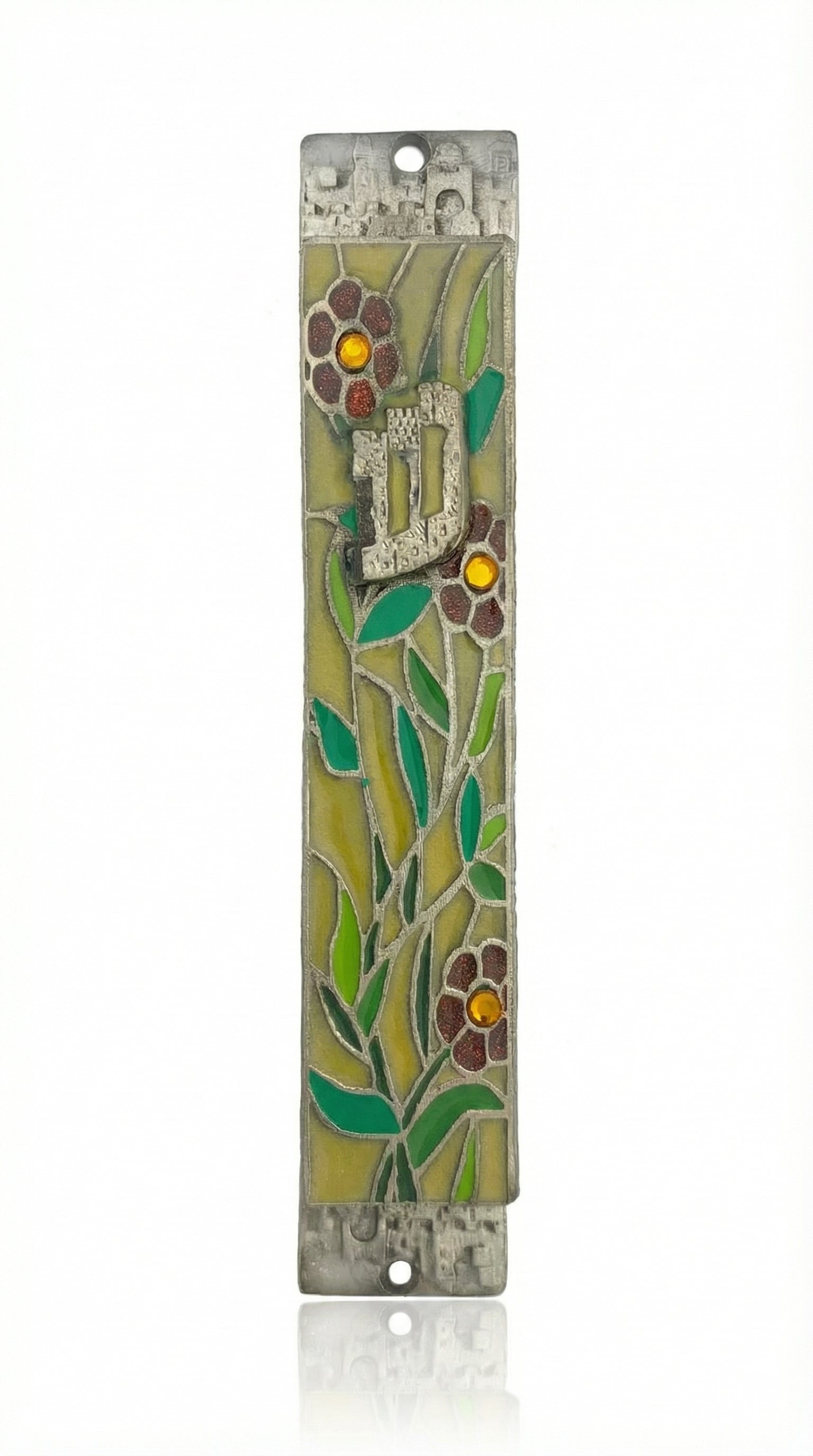 Upscale high-resolution image of Sofia's Flowers Mezuzah in a studio setting with bright white background, showcasing detailed pewter and enamel craftsmanship.