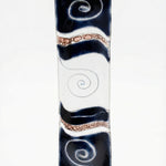 Made of glass, 4.5-inch tall space-themed Mezuzah with Hebrew engravings and decorative motifs, displayed on a white studio background with subtle reflection.