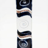 Made of glass, 4.5-inch tall space-themed Mezuzah with Hebrew engravings and decorative motifs, displayed on a white studio background with subtle reflection.