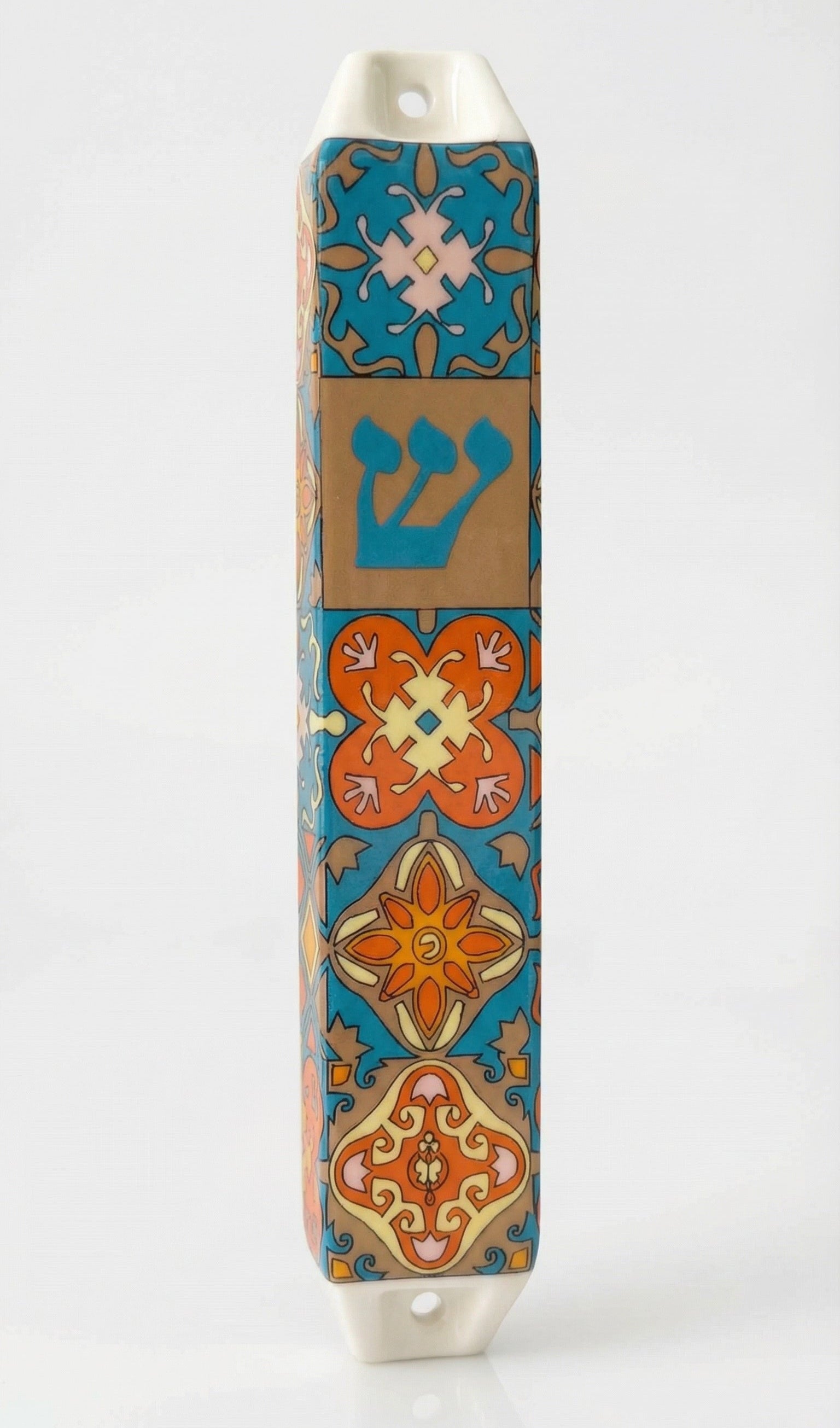Elegant ceramic Spain Mezuzah with Hebrew inscriptions, 6.5 inches tall, designed for home blessing, includes optional kosher scroll.