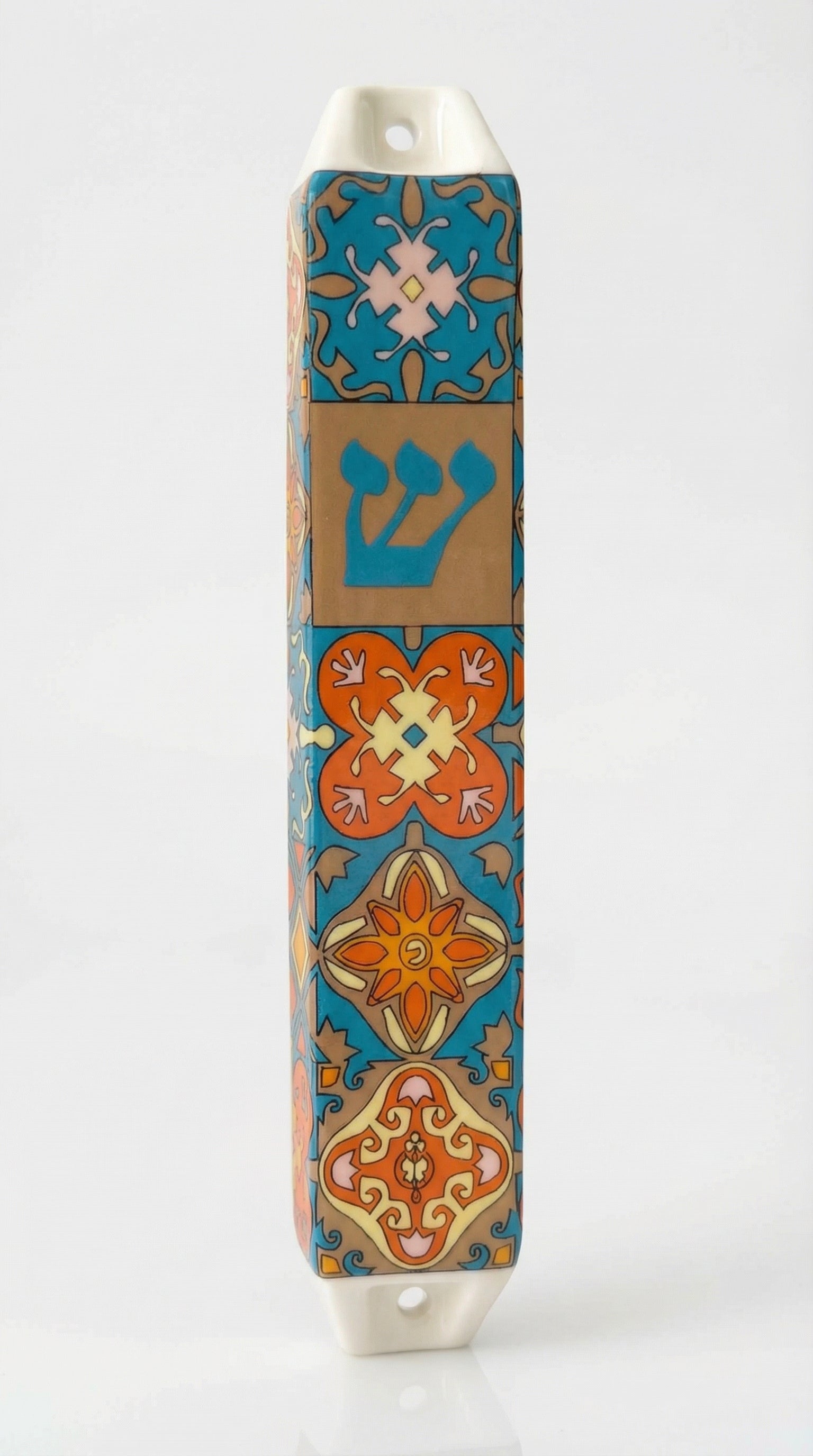 Elegant ceramic Spain Mezuzah with Hebrew inscriptions, 6.5 inches tall, designed for home blessing, includes optional kosher scroll.