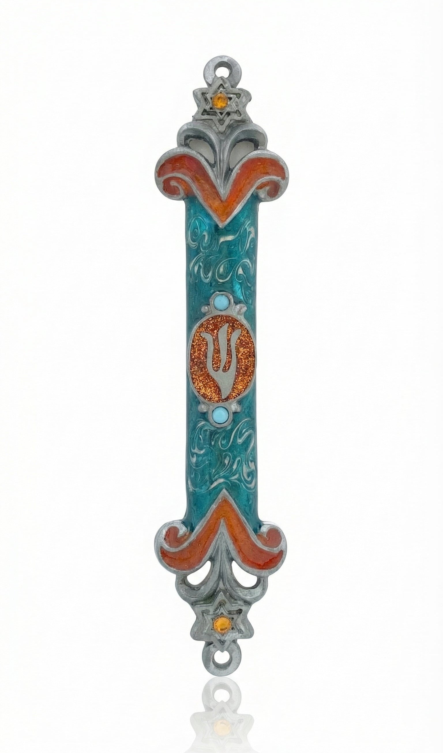 Elegant Spain Mezuzah made of pewter, hand-painted with enamel, measuring 6.2 inches tall, suitable for home doorways in Jewish tradition.