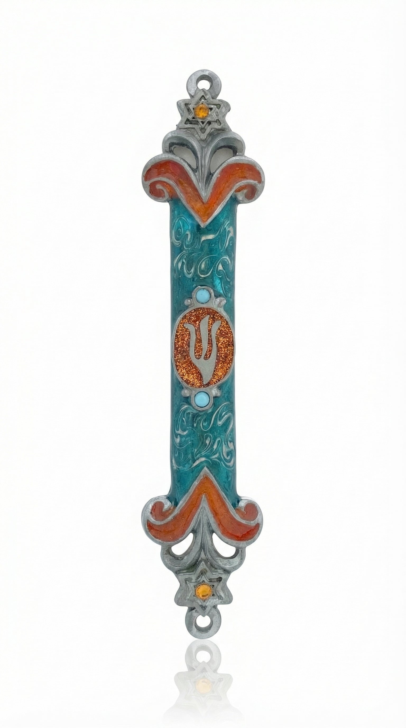 Elegant Spain Mezuzah made of pewter, hand-painted with enamel, measuring 6.2 inches tall, suitable for home doorways in Jewish tradition.