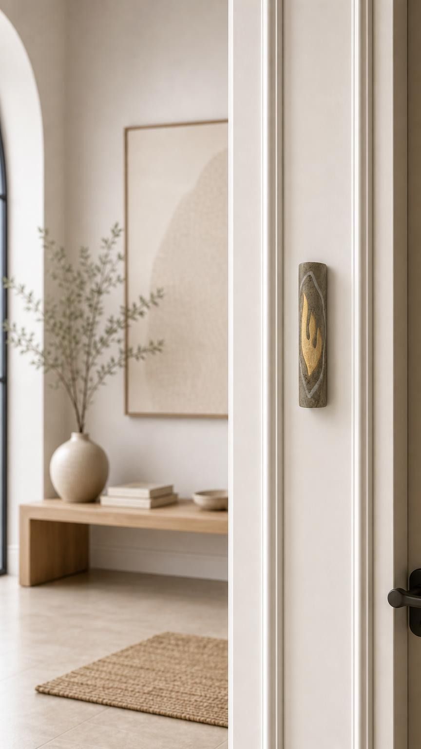 Gray Jerusalem stone mezuzah with gold Shin letter mounted on a residential doorpost.