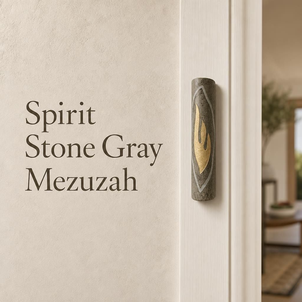 Gray Jerusalem stone mezuzah with gold Shin symbol, handcrafted in Israel, for spiritual home decor.